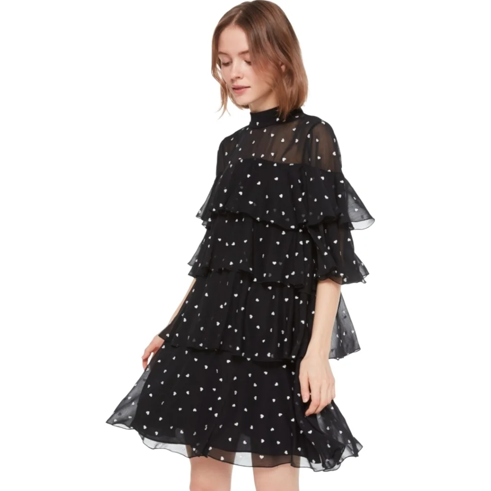 Kate Spade Black Chiffon Heart Print Dress Size 2